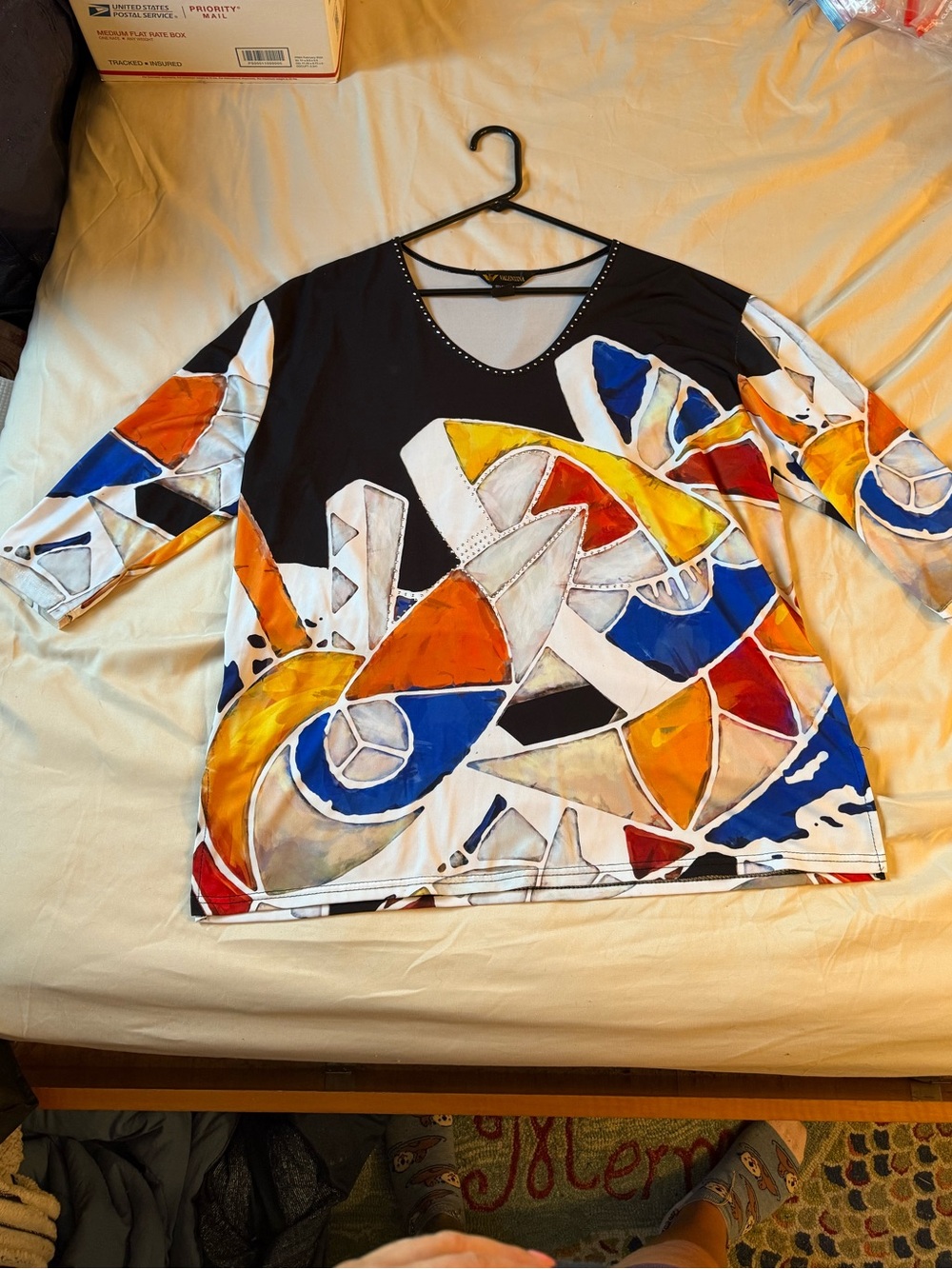 Valentina Black V-Neck Tunic with Blue, Orange, Yellow Abstract Print